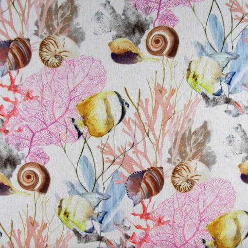 Brentwood Textiles Atlantis Coral with aquatic life including fish, shell, sea fans, coral in vibrant colors. Atlantis is printed on tight weave polyester chenille for furniture upholstery, drapery, bedding, pillows, cushions. On Sale!