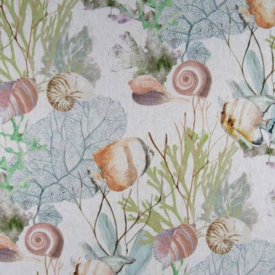 Brentwood Textiles Atlantis Reef features soft-colored aquatic designs, including fish, shells, sea fans, and coral printed on polyester chenille. Now on sale!