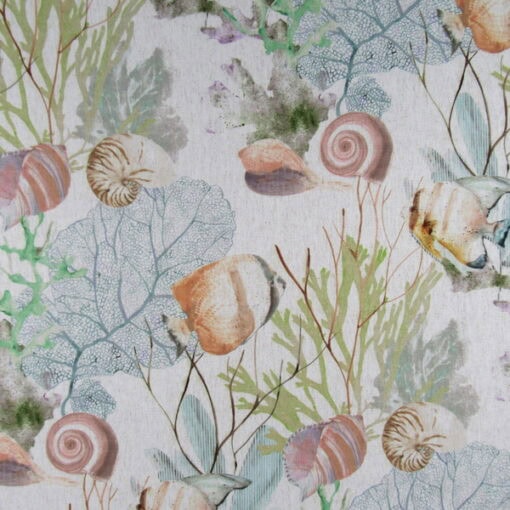 Brentwood Textiles Atlantis Reef features soft-colored aquatic designs, including fish, shells, sea fans, and coral printed on polyester chenille. Now on sale!