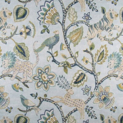 Belle Maison Jonah Spa whimsical animal and floral design with aqua background and teal, green, gold accent colors, printed on 100% cotton fabric.