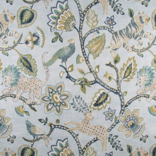 Belle Maison Jonah Spa whimsical animal and floral design with aqua background and teal, green, gold accent colors, printed on 100% cotton fabric.