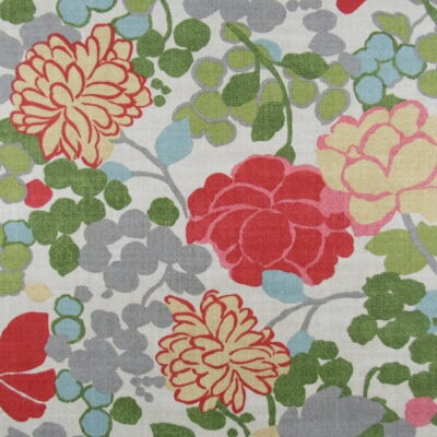 Novogratz Blossom Coral 2.5 Yard Remnant designer floral pattern in coral, green, gray, aqua, printed on 100% cotton. This is a 2 1/2 yard remnant for $18.00