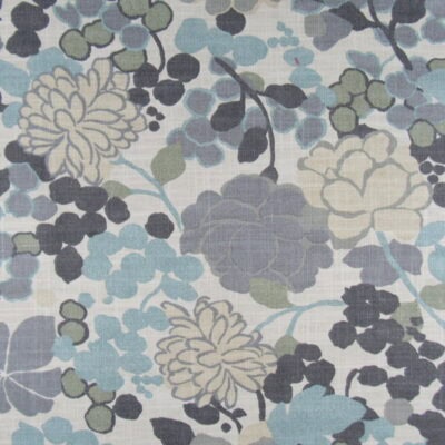 Novogratz Blossom Grey 6 Yard Remnant designer floral pattern in gray, aqua, beige, printed on 100% cotton. This is a 6 yard remnant for $42.00