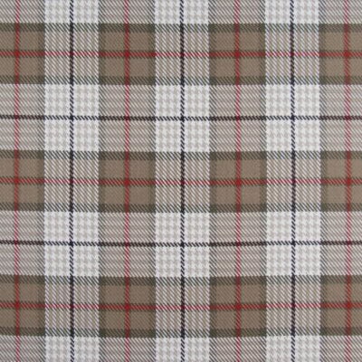 Roth Thompkins Brennan Camel medium-weight woven cotton plaid in tan and beige with black and red accents. A versatile fabric suitable for furniture upholstery, drapery, bedding, pillows, and cushions.