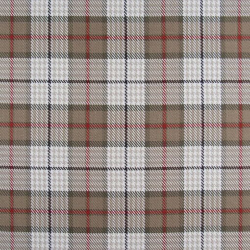 Roth Thompkins Brennan Camel medium-weight woven cotton plaid in tan and beige with black and red accents. A versatile fabric suitable for furniture upholstery, drapery, bedding, pillows, and cushions.