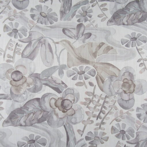 Barbara Barry's Faerie Feather is a bird and floral design printed on a cotton-linen blend fabric in elegant shades of gray from Kravet Fabrics.