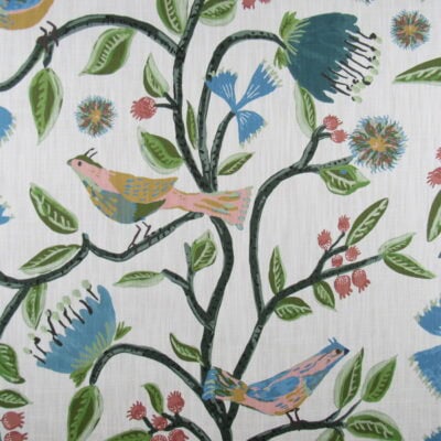 Lacefield Designs Birds of Paradise Bali Costa features a tropical feel floral design with birds with blush, blue, green, teal colors on white background.