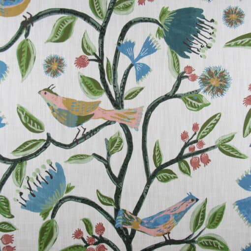 Lacefield Designs Birds of Paradise Bali Costa features a tropical feel floral design with birds with blush, blue, green, teal colors on white background.