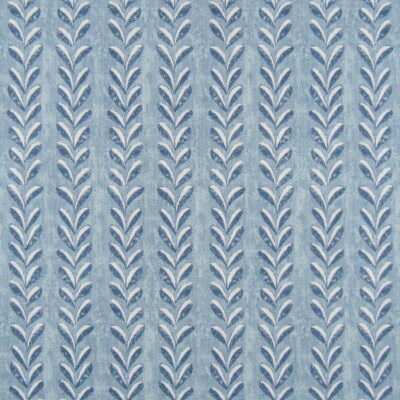 Lacefield Designs Hoya Chatham Blue with leaf stripe design in beautiful shades of blue. Hoya is a digital print on sturdy cotton linen blend fabric for upholstery, drapery, bedding, pillows, cushions.
