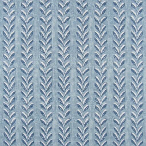 Lacefield Designs Hoya Chatham Blue with leaf stripe design in beautiful shades of blue. Hoya is a digital print on sturdy cotton linen blend fabric for upholstery, drapery, bedding, pillows, cushions.