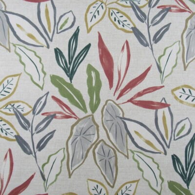 Magnolia Home Leaves Calypso features tropical leaves in coral, green, gray, gold with interesting beige background printed on 100% cotton fabric.