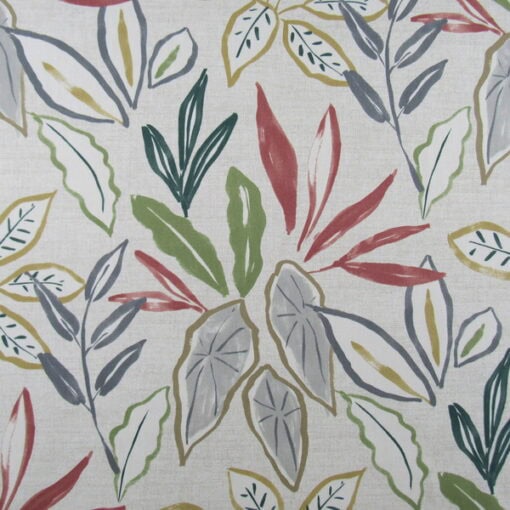 Magnolia Home Leaves Calypso features tropical leaves in coral, green, gray, gold with interesting beige background printed on 100% cotton fabric.
