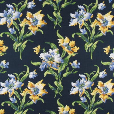 Belle Maison Odina Marine floral with navy background and yellow, blue, green flowers, printed on 100% cotton for upholstery, drapery, bedding, pillows, cushions. On Sale!