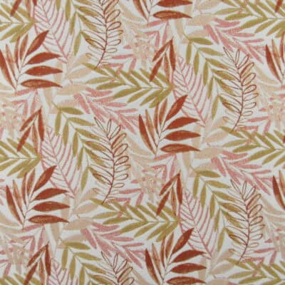 Paradise Plumeria Tropical Fabric with tropical leaf design in orange, coral, green, jacquard weave fabric that is durable for furniture upholstery, pillows, cushions. On Sale!