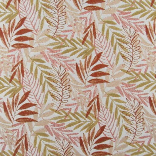Paradise Plumeria Tropical Fabric with tropical leaf design in orange, coral, green, jacquard weave fabric that is durable for furniture upholstery, pillows, cushions. On Sale!