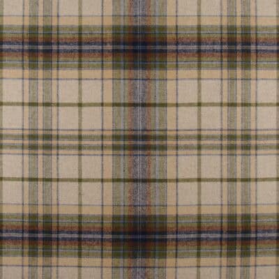 PKaufmann Fabrics Edmund Pebble classic plaid in tan with purple, green accents, woven in wool polyester blend for pillows, shams or dust skirt and durable for furniture upholstery. 