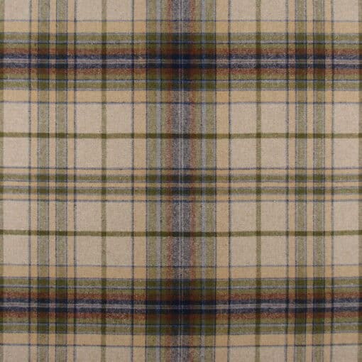 PKaufmann Fabrics Edmund Pebble classic plaid in tan with purple, green accents, woven in wool polyester blend for pillows, shams or dust skirt and durable for furniture upholstery. 