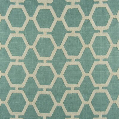 Regal Fabrics Izzy Mineral features a spa green background and beige geometric design for drapery, bedding, upholstery, pillows, cushions, ottomans and other projects.
