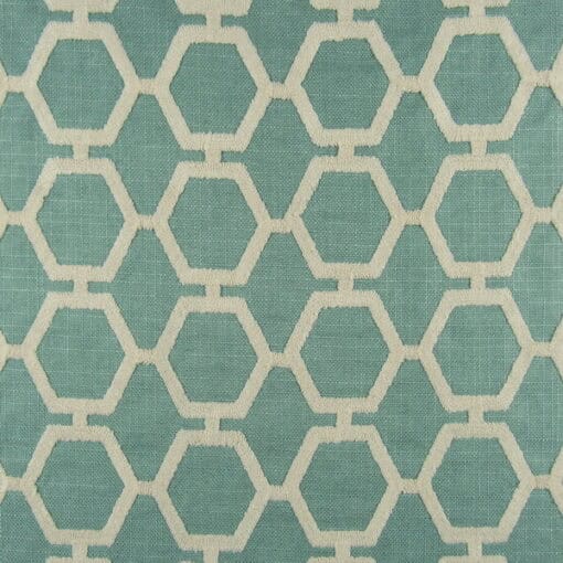 Regal Fabrics Izzy Mineral features a spa green background and beige geometric design for drapery, bedding, upholstery, pillows, cushions, ottomans and other projects.