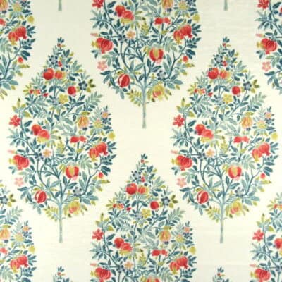 Regal Fabrics Pemberly Coral features a framed fruit tree design in coral, teal, and gold on a cream background. Printed on soft 100% polyester fine weave chenille velvet, it's perfect for furniture upholstery, bedding, drapery, pillows, and cushions.