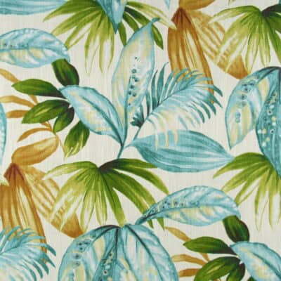 Richloom Fabrics Abaco Summer showcases a tropical leaf pattern in aqua, gold, and green hues on a cream background. Printed on 100% cotton, this fabric is perfect for furniture upholstery, drapery, bedding, cushions, and pillows.