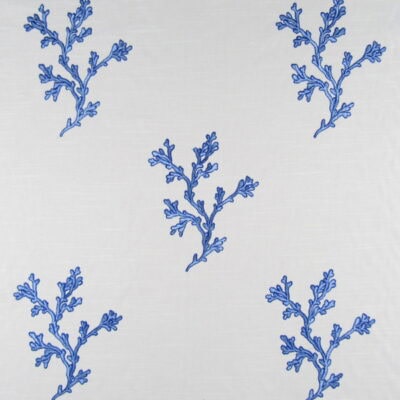 Sea Coral Blue 4.5 Yard Remnant blue coral embroidery on white background for furniture upholstery, drapery, bedding. 4 1/2 yard remnant for $36.00