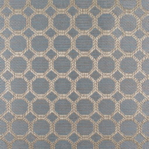 Regal Fabrics Dax Mineral features a hexagon pattern in spa blue, woven with 100% polyester for a durable upholstery fabric for upholstery, pillows, and cushions.