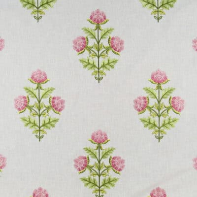 Covington Embroidery Anisa 73 Petal with floral icon design in pink and green on off white background, has exquisite detail and high quality.