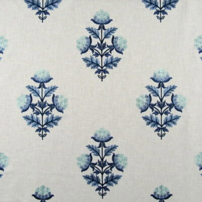 Covington Embroidery Anisa 525 Porcelain with floral icon design in navy, blue, aqua on off white background. Anisa has exquisite detail and high quality that can be used for upholstery or drapery, bedding, pillows and cushions.