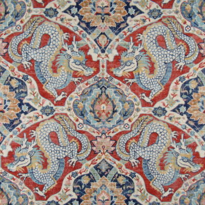 Covington Fabrics Falkor 33 Firecracker features an Asian dragon design in red, symbolizing good fortune, printed on durable 100% cotton fabric.