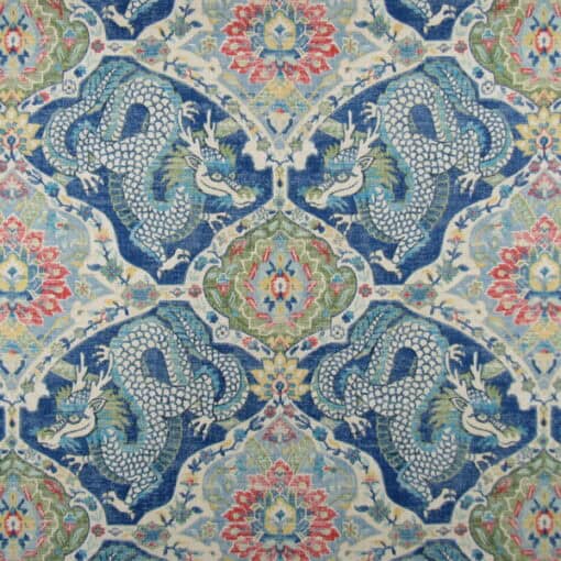 Covington Fabrics Falkor 511 Dream Blue features an Asian dragon design, symbolizing good fortune, printed on durable 100% cotton multipurpose fabric.
