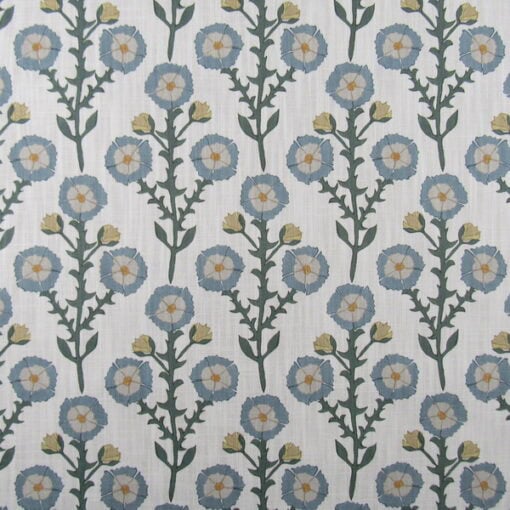 Lacefield Designs Foire Cypress features a floral stem design in blue, green, gold on white background. Foire is a digital print on cotton linen blend fabric for upholstery, drapery, bedding, pillows, cushions.