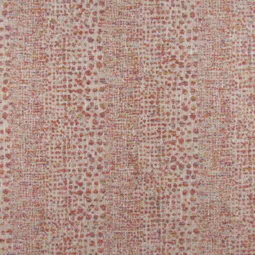 Trevi Fabrics Tic Tac Multi showcases a textured stripe pattern with eye-catching dots in coral and pink, ideal for furniture upholstery, cushions, pillows.