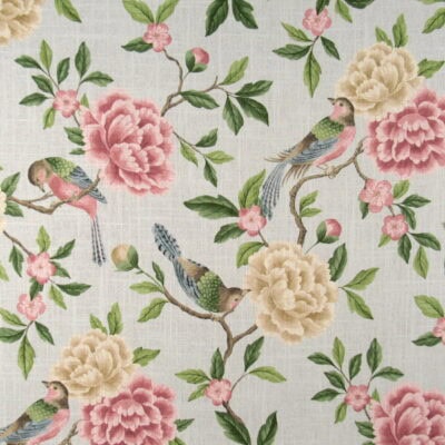 Covington Fabrics Alba Rose 212 Garden showcases charming birds perched on vibrant flowers, printed on a linen-rayon blend multipurpose fabric. Alba Rose garden has blush pink, gold, green accents on spa green background.