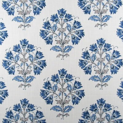 Florette Porcelain showcases a charming blue floral icon design. This cotton-blend print fabric from P/Kaufmann Fabrics is perfect for furniture upholstery, drapery, pillows, cushions, or bedding projects.