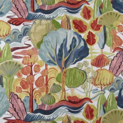 PKaufmann Fabrics Fairy Meadow Carnaval featuring a whimsical forest meadow design in blue, green and golds. This 100% cotton print fabric is highly durable, making it suitable for furniture upholstery, drapery, pillows cushions or bedding projects.