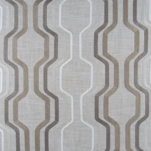 A Cut Above Natural Embroidery with geometric design embroidery in white and taupe on neutral background for light upholstery, drapery, bedding, pillows, cushions. On Sale!