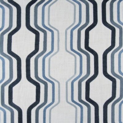 A Cut Above Ocean Embroidery with geometric design embroidery in blue and navy on white background for light upholstery, drapery, bedding, pillows, cushions. On Sale!