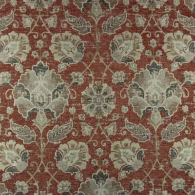Broadhurst Auburn Upholstery Fabric durable jacquard weave with floral icon design in rust red and beige for furniture upholstery, pillows, cushions. On Sale!