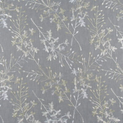 Cheerleader Chrome Embroidery with tossed floral design embroidery in white and beige on gray background for light upholstery, drapery, bedding, pillows, cushions. On Sale!