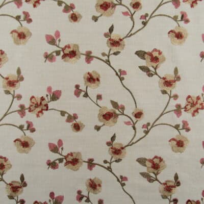 Fun Love Harvest Embroidery with floral vine design embroidery in red, coral, gold on dark beige background for light upholstery, drapery, bedding, pillows, cushions. On Sale!