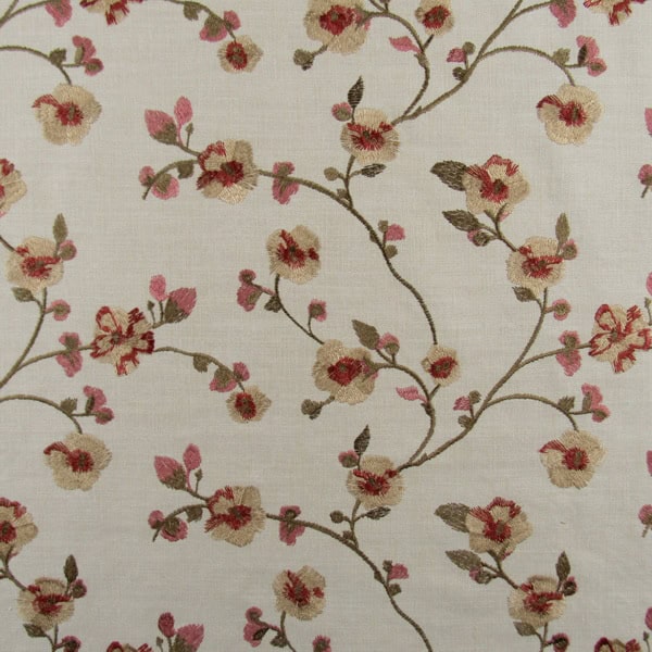 Fun Love Harvest Embroidery with floral vine design embroidery in red, coral, gold on dark beige background for light upholstery, drapery, bedding, pillows, cushions. On Sale!