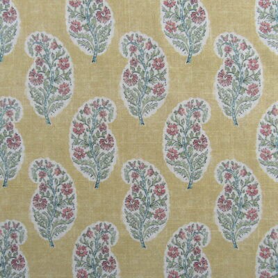 Covington Fabrics Kurta 8 Daffodil showcases a small-scale paisley pattern with coral, green, aqua accents on a yellow background, printed on a versatile linen-rayon blend. This fabric works perfectly for furniture upholstery, draperies, pillows, bedding, and cushions.
