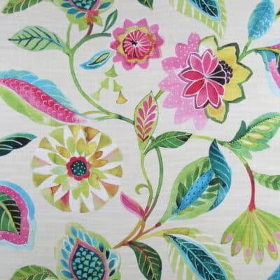 Light of Day Apple Blossom features a pink and green floral pattern with gold and aqua accents on a beige background. Printed on 100% cotton fabric, it’s perfect for drapery, bedding, pillows, and light upholstery projects for your home.