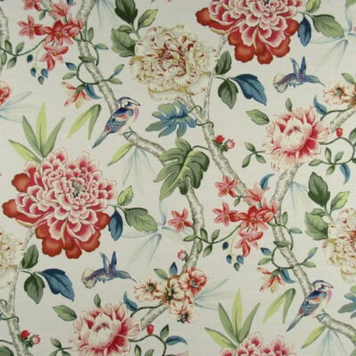 PK Lifestyles Peony Portico Shell with bird and floral design in coral, green blue on cream background printed on 100% cotton fabric for drapery, bedding, upholstery, pillows or cushions.