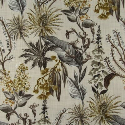 Trevi Fabrics Belle Sandy showcases a botanical floral pattern in warm shades of gold, gray and brown set against a soft beige background.