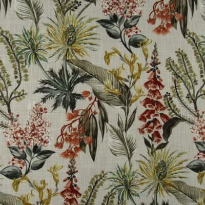 Trevi Fabrics Belle Spicy showcases a botanical floral pattern in warm shades of rust, gold, and green set against a soft beige background. This versatile fabric is perfect for upholstery, drapery, bedding, cushions, and pillows.