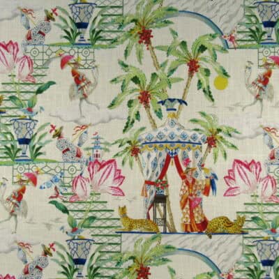 Harrison Howard Distant Skies Gardenia exotic Asian tropical design by Harrison Howard, linen blend print fabric for upholstery, drapery, pillows, bedding applications. Distant Skies Gardenia has a light beige background with vibrant colors.
