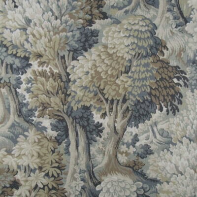 Into The Woods Mineral features a forest design with trees in soft gray, tan, and spa tones, crafted from 100% cotton, perfect for upholstery, drapery, bedding, pillows, or cushions.