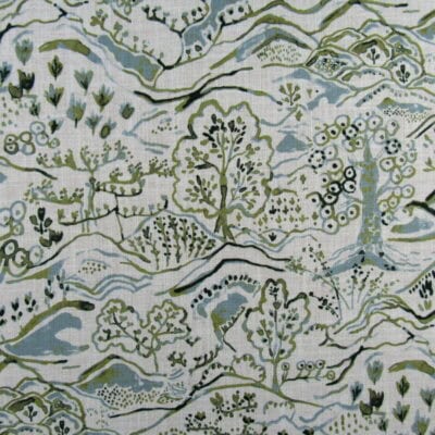 Regal Fabrics Nami Mineral showcases trees in a rolling meadow, with soothing aqua and green tones printed on a herringbone polyester fabric. This versatile material brings a stylish flair to any space and is perfect for upholstery, drapery, pillows, cushions, and bedding projects.